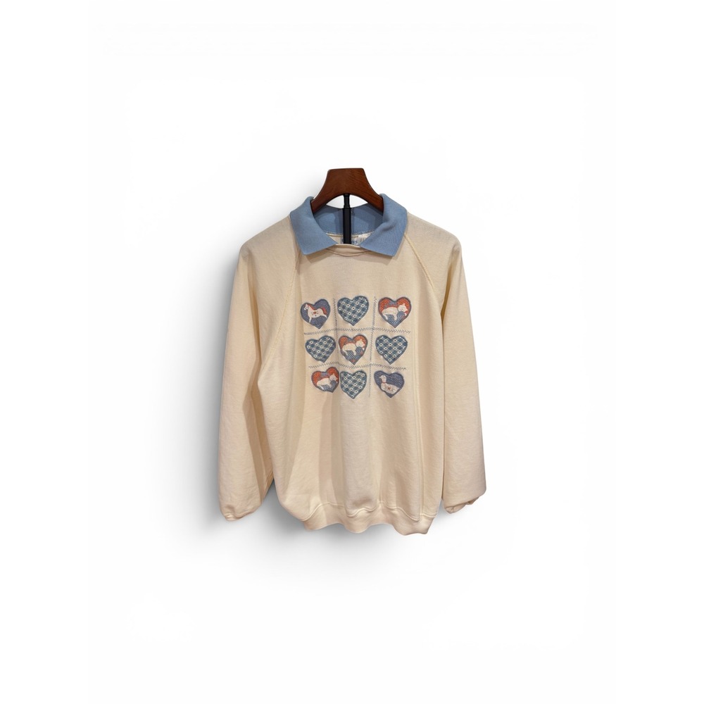 Vtg 80s Hanes Sweatshirt XL Cream Heart Cats Duck Horse Collared USA cottagecore